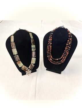 Lot of 2 Artisan Necklaces Real stone agate large pendant triple strand